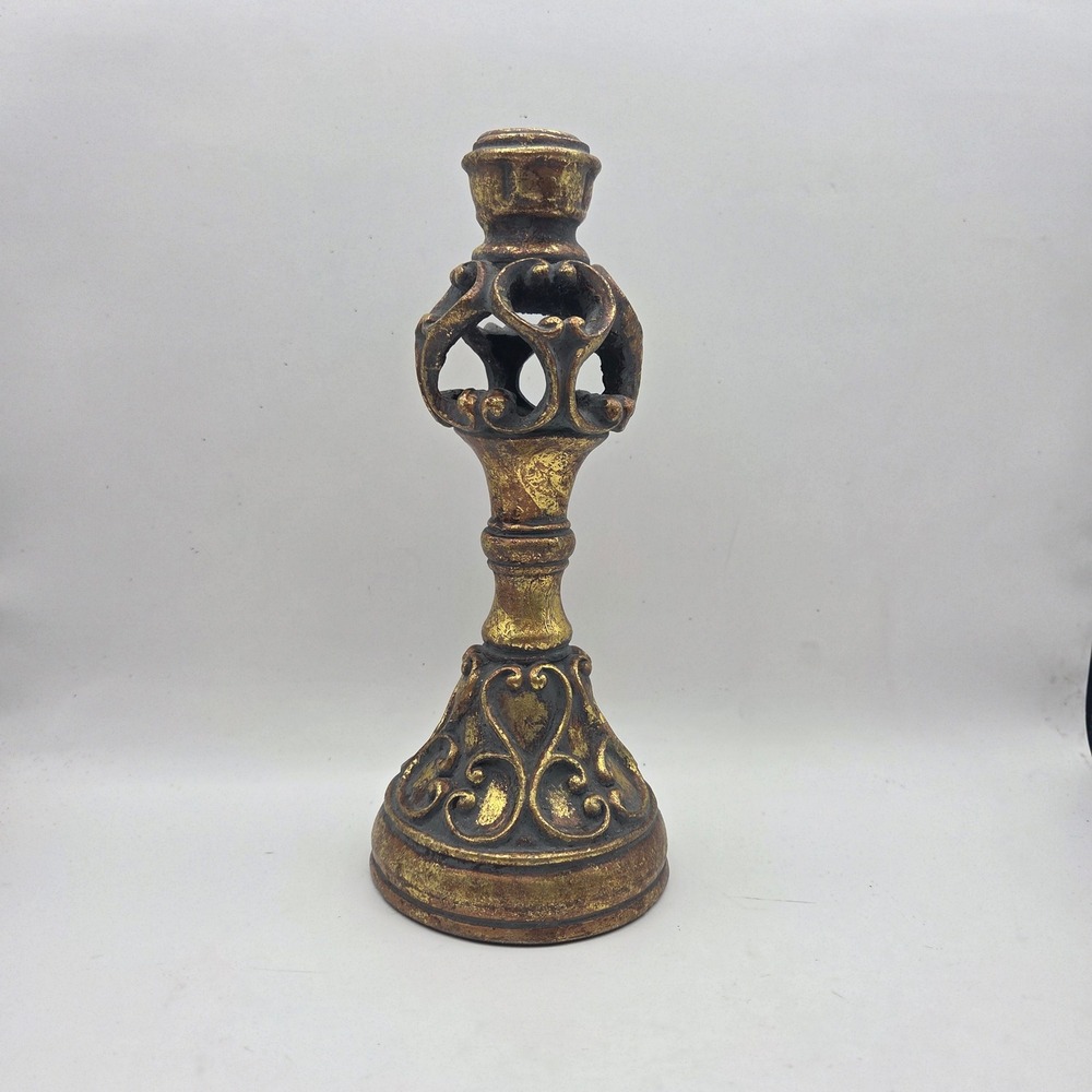 Gold Ornate Scrollwork Resin Candlestick Holder 8 Inch Gothic Antique Decor